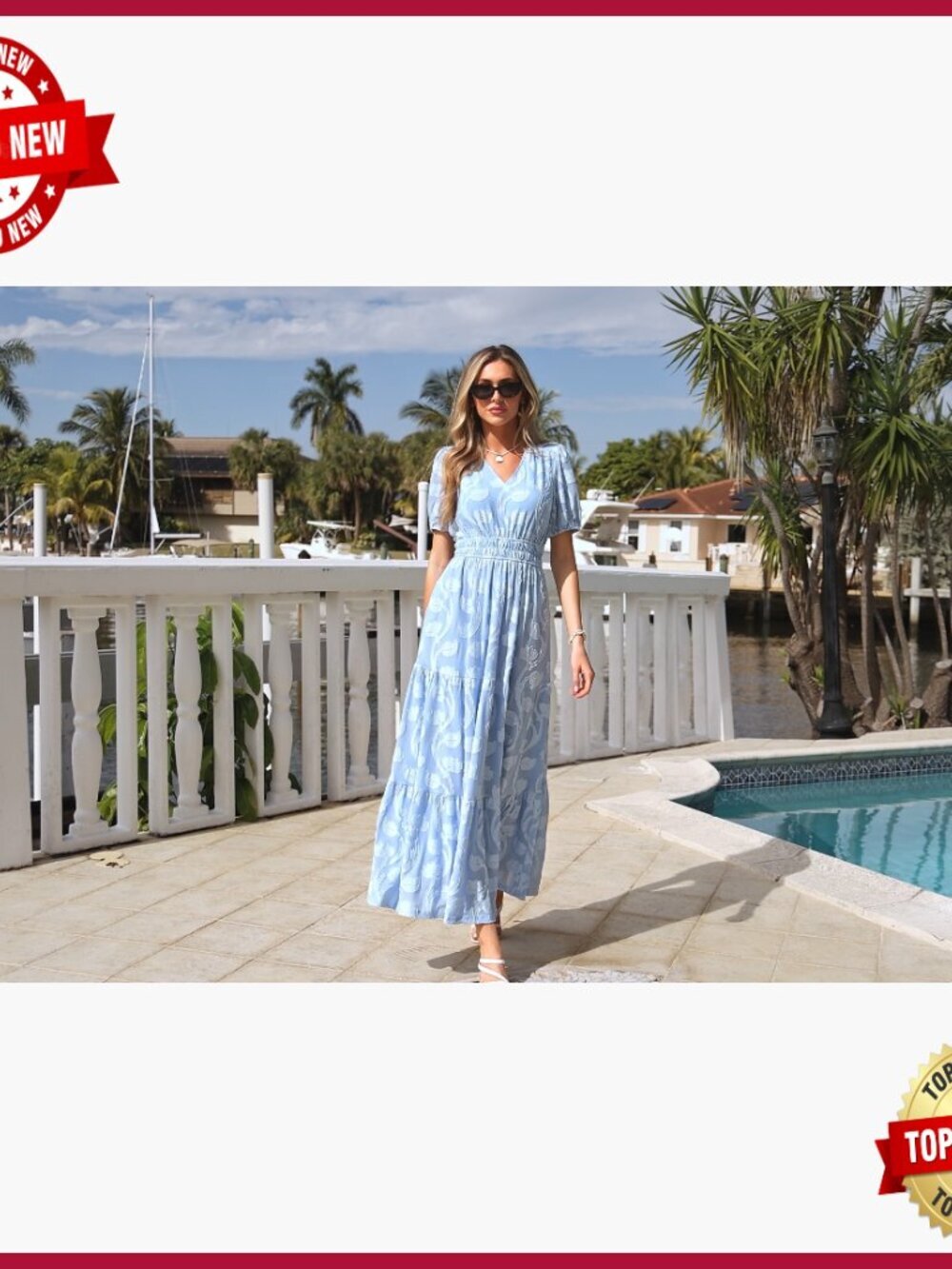 Boho Maxi Dress V-Neck Short Sleeve Elastic Waist Floral Long Casual - Picture 7 of 7